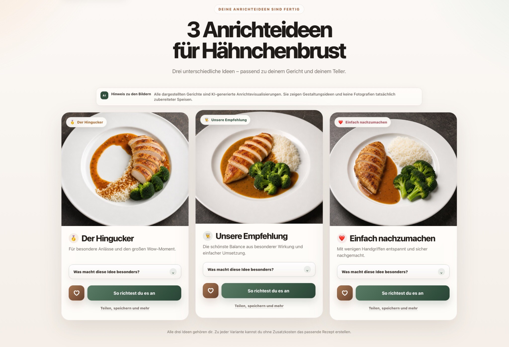 PlatingStudio result showing three plating ideas for chicken breast, rice and broccoli