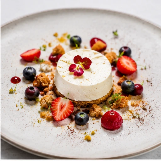 Modern cheesecake plating with berries crumble and sorbet