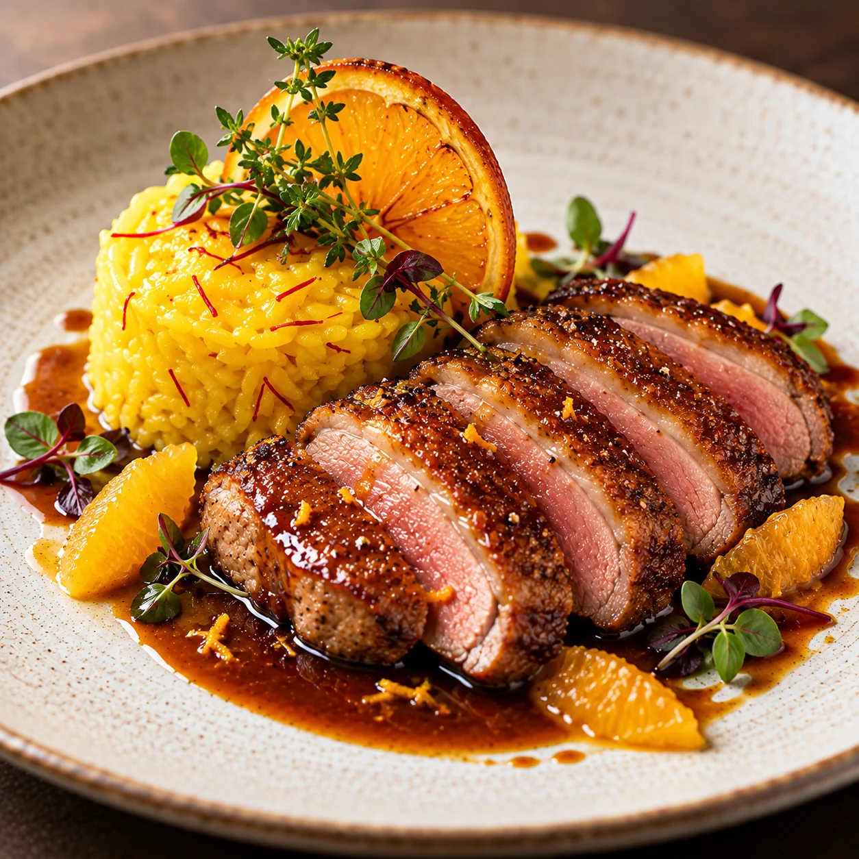 Sliced duck breast with saffron rice, an orange slice, orange pieces and sauce on a light plate
