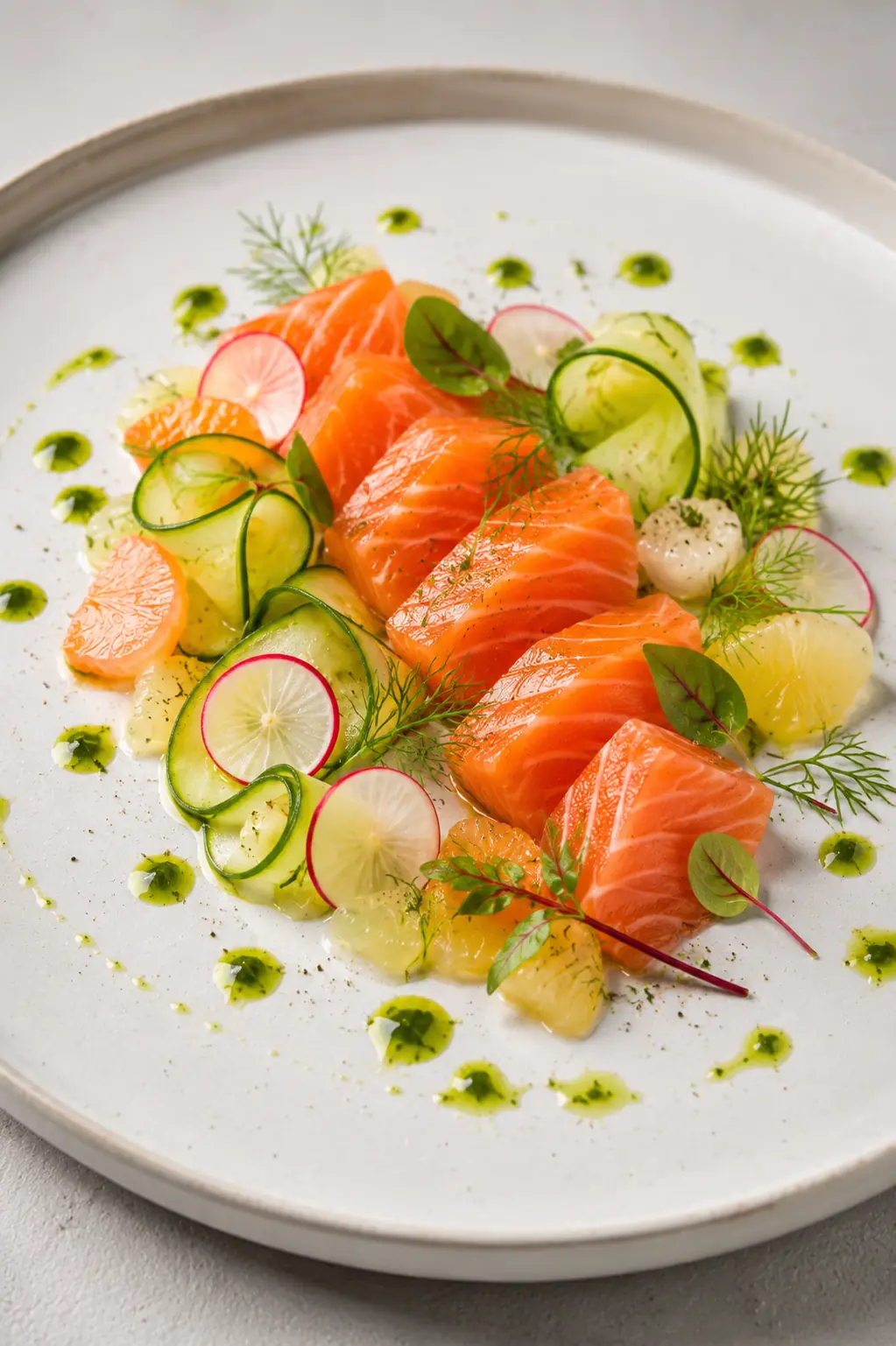 Fresh light salmon plating with cucumber citrus and herbs