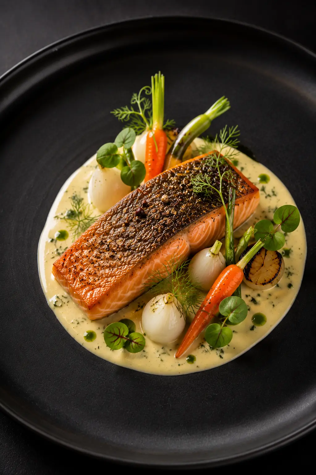 Classic elegant salmon plating on a dark plate