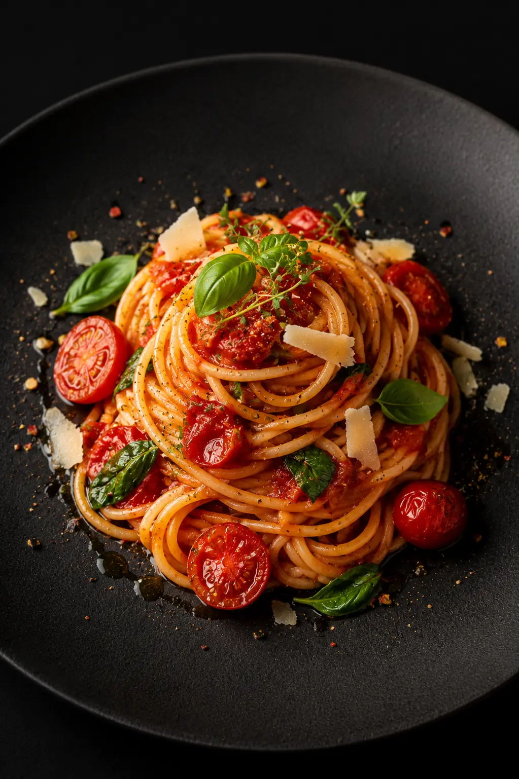 Bold modern pasta plating with tomato sauce
