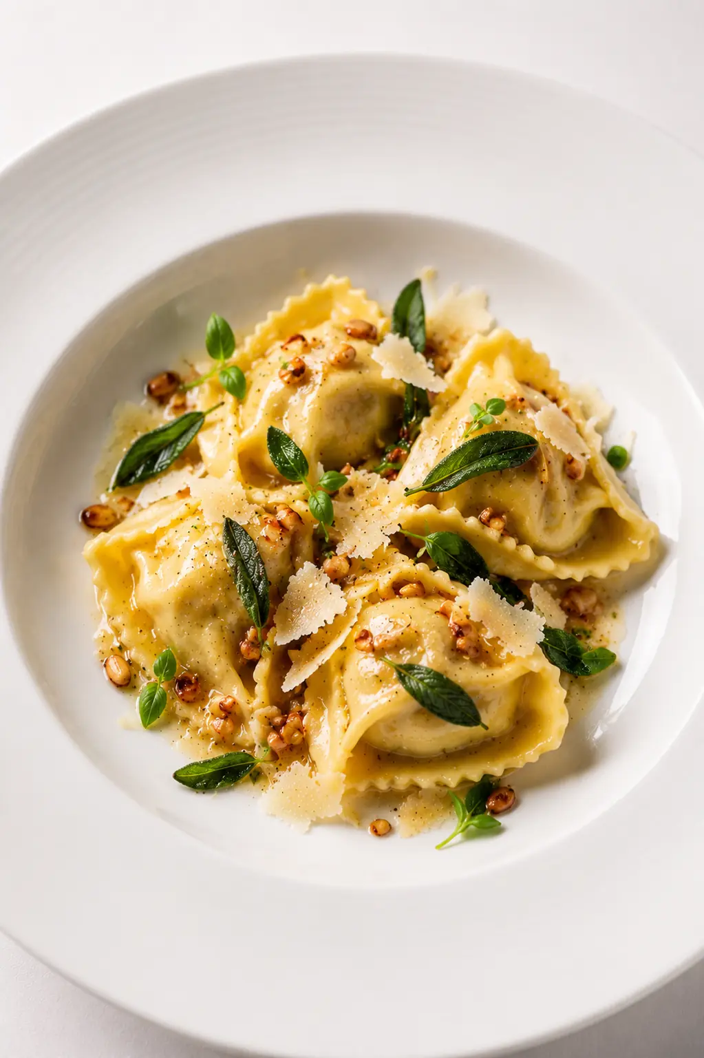 Elegant filled pasta plating with ravioli or tortellini
