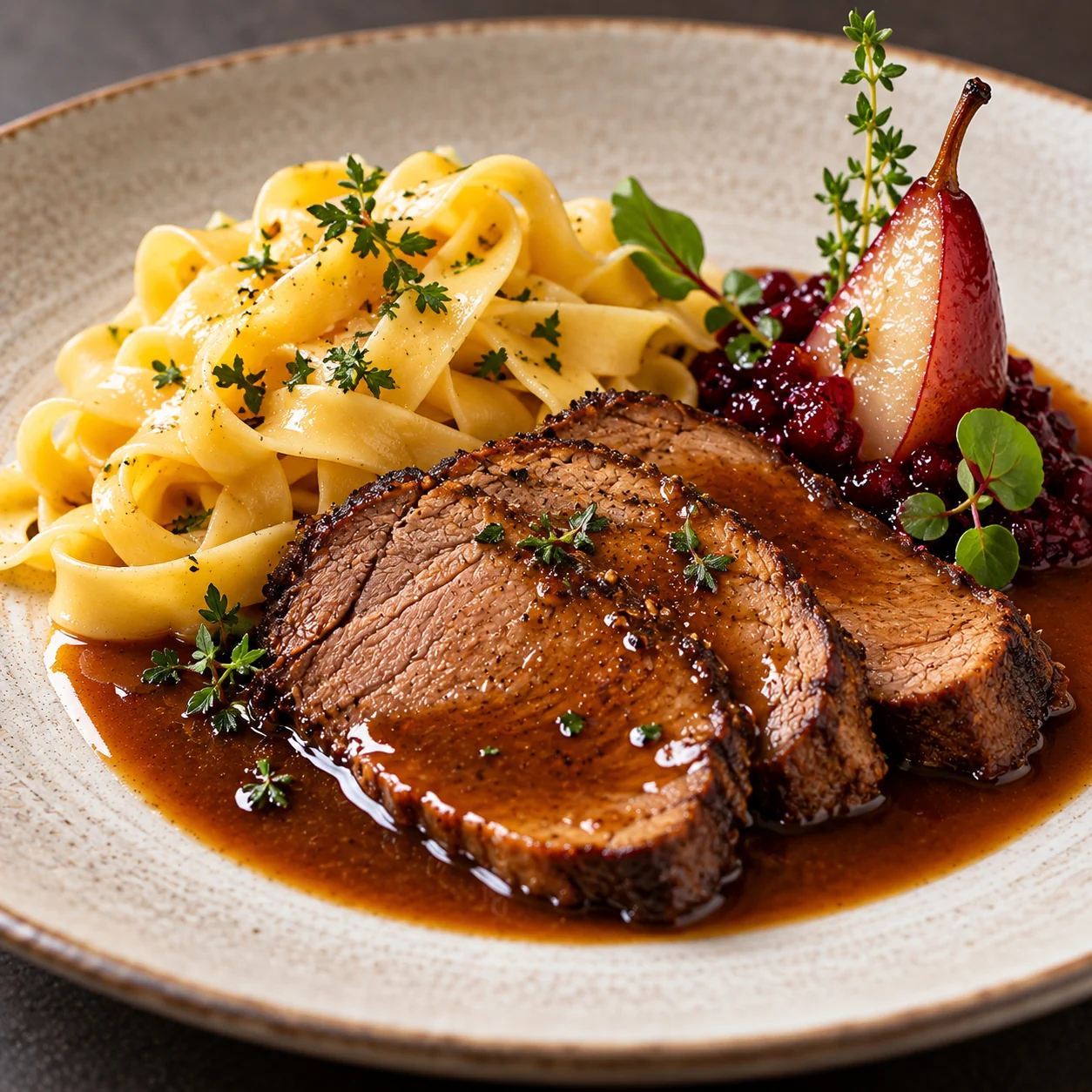 Roast beef with wide ribbon pasta, pear, lingonberries and dark gravy on a light plate