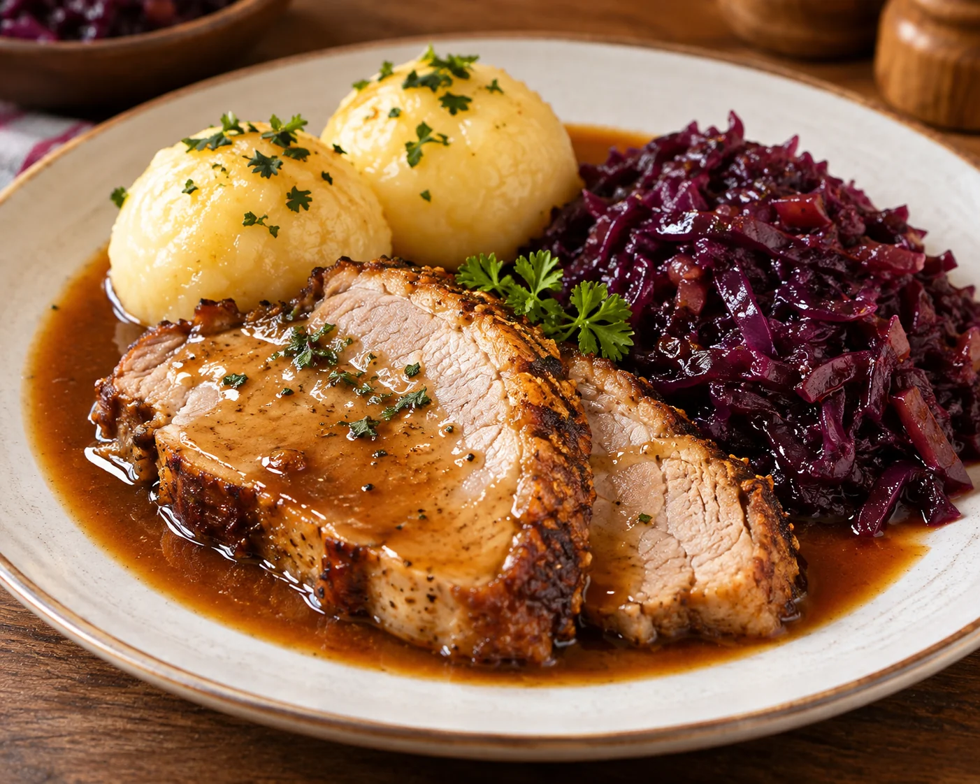 Sliced roast pork with two dumplings, red cabbage and brown gravy on a light plate