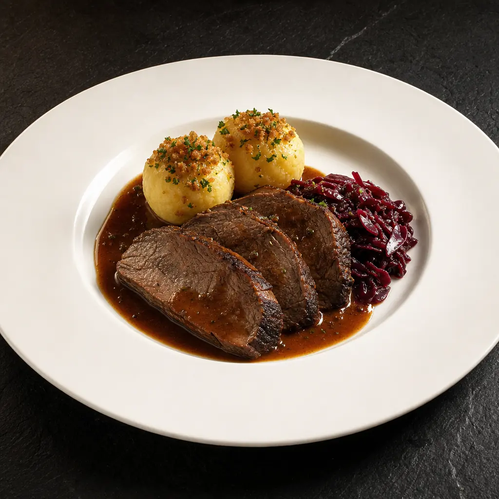 Sauerbraten schön anrichten. Klassiker bewahren. Teller klarer machen.